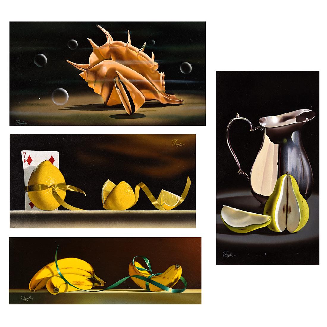 John Rand Taylor 4 "Still Life of Fruit" oil on: JOHN RAND TAYLOR (American b. 1944) ""Underwater Shell", "3 Bananas and Ribbon", "Lemons and Playing Card" and "Pitcher and Pear" Oil on masonite. 6 3/8 x 11 5/8 inches; Frame: 10 5/8 x 16 1/8 inches.