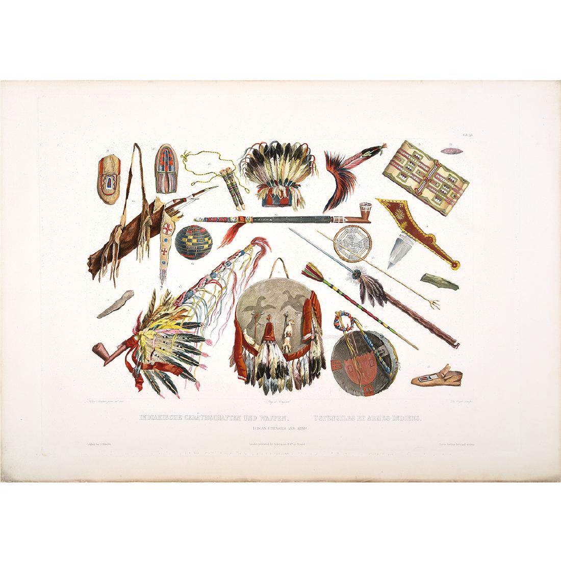 Karl Bodmer "Indianische (Tools and Arms)" handcolored: KARL BODMER (Swiss 1809-1893) "Indian utensils and arms" (Tab. 48 from Travels in the interior of North America) Hand colored engraving with aquatint. Plate: 16 3/8 x 21 1/4 inches; Sheet: 18 1/4 x 24