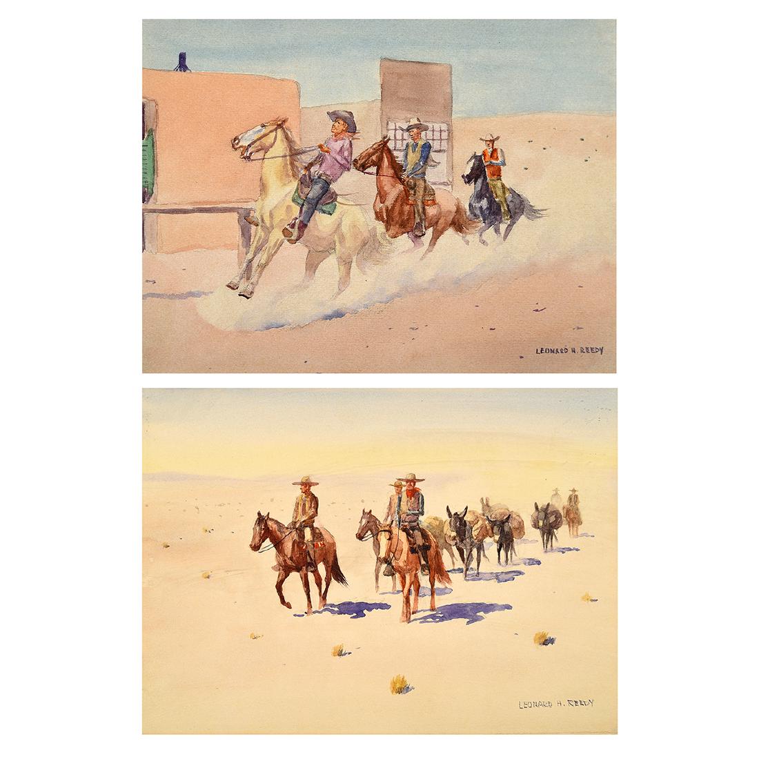 Leonard Howard Reedy "Cowboys in Town" and "Pack Train": LEONARD HOWARD REEDY (American 1899-1956) "Cowboys in Town" and "Pack Train" Watercolor. Sheet: 8 7/8 x 11 1/2 inches; Frame: 16 1/2 x 18 3/4. Sight: 8 3/8 x 11 5/8 inches; Frame: 22 1/2 x 25 5/8 inch