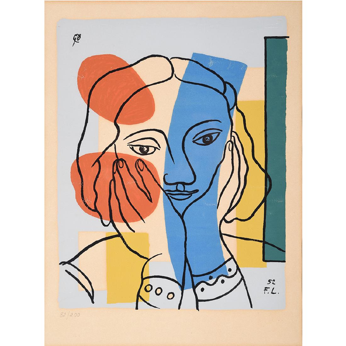 Fernand Leger "Woman" screenprint on paper: FERNAND L…GER (French 1881-1955) "Woman" Screenprint on paper. Sheet: 21 7/8 x 15 inches; Frame: 26 x 20 inches. Initialed and dated in the image lower right: F.L. 52; faintly signed in faded pe