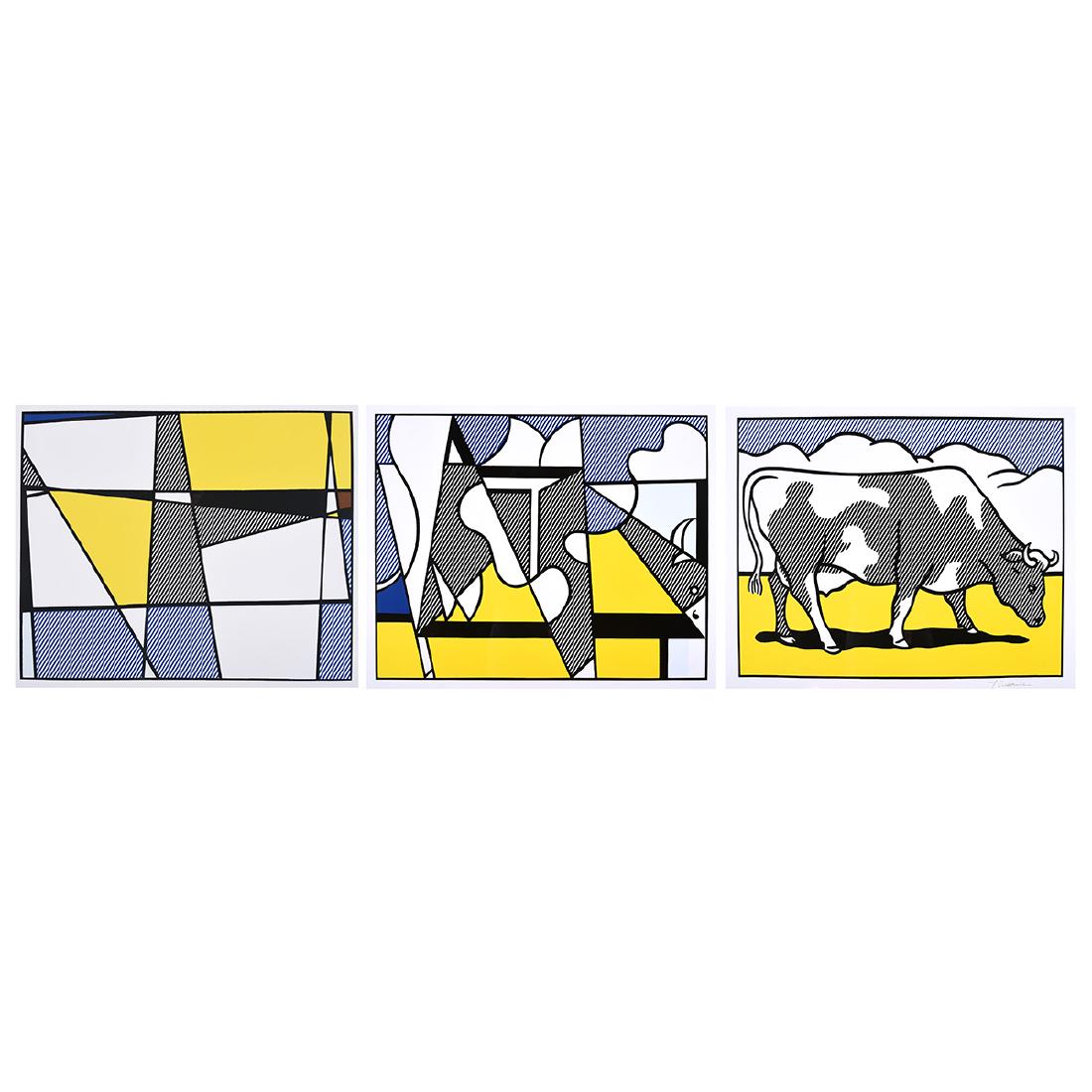 Roy Lichtenstein "Cow going Abstract" offset lithograph: ROY LICHTENSTEIN (American 1923-1997) "Cow going Abstract" Offset lithograph poster triptych. Each sheet measures: 25 3/4 x 30 1/2 inches. Signed in pencil along the lower right of the first panel: R.