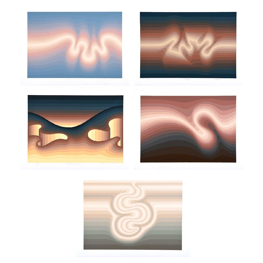 Roy Ahlgren "Embryo", "Luminescence", "Terrestrial" and: ROY AHLGREN (American 1927-2011) "Embryo", "Luminescence", "Terrestrial", "Allegro" and "Polarization" Serigraph. All four sheets measure: 22 1/4 x 29 3/4 inches. All four are signed, titled, numbered