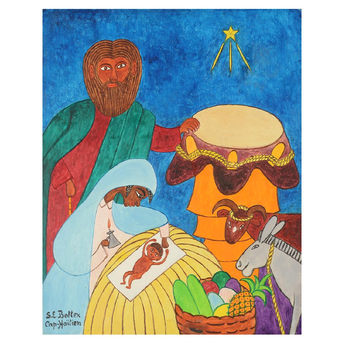 Seymour Etienne Bottex "Joseph and Mary with Voodoo: SEYMOUR ETIENNE BOTTEX (Haitian b. 1920/22) "Joseph and Mary with Voodoo Drum" Oil on masonite. 20 x 16 inches; Frame: 26 1/2 x 23 inches. Signed lower left: S E Bottex. Provenance: From the collectio