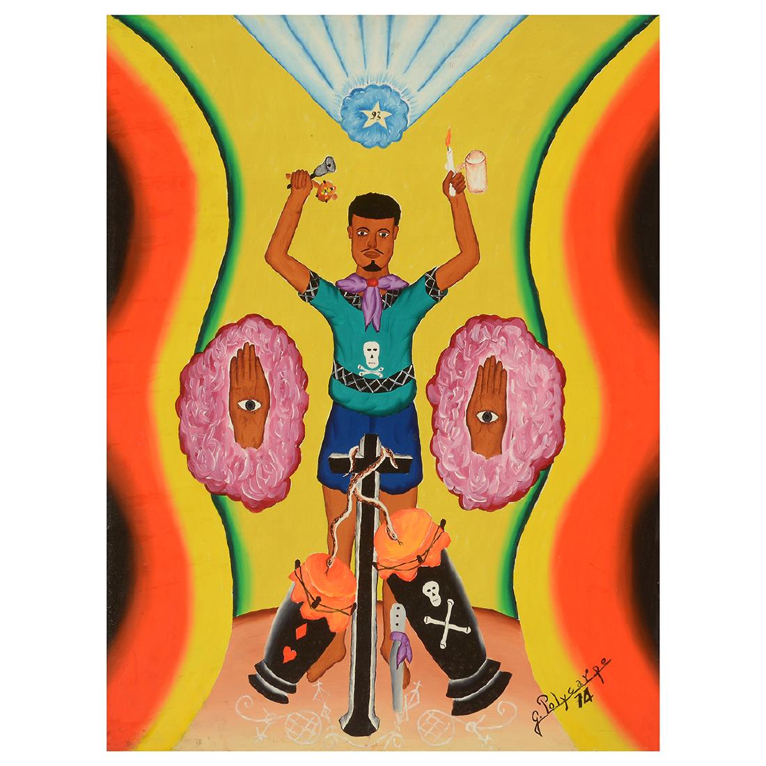 Jerome Polycarpe "The Voodoo Priest" oil on masonite: JEROME POLYCARPE (Haitian b. 1950) "The Voodoo Priest" Oil on masonite. 20 x 16 inches; Frame: 20 1/2 x 17 inches. Signed lower right: J Polycarpe. Provenance: From the collection of world renowned Wo