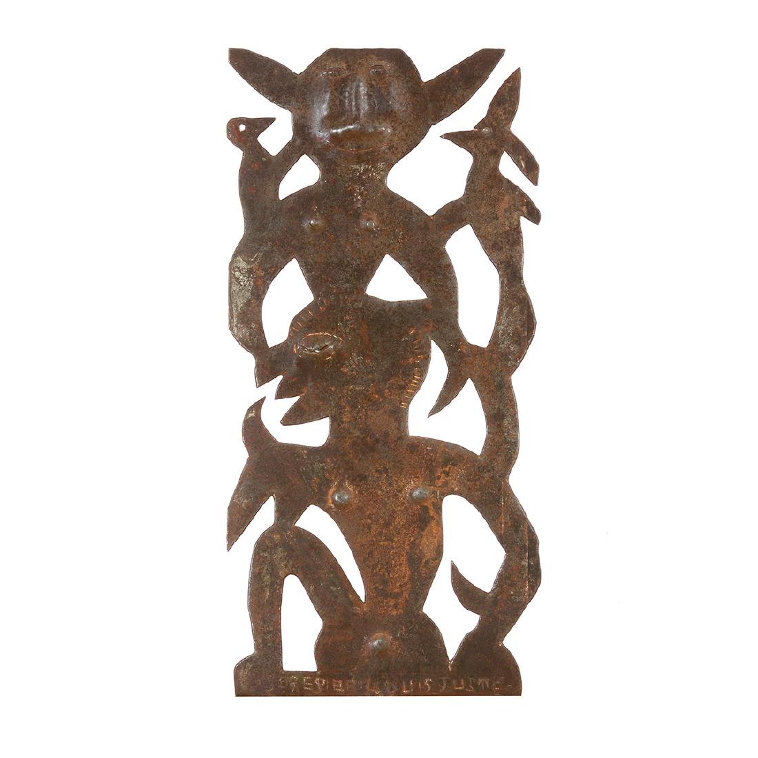 Seresier Louis-Juste "Forest Loas" chiseled oil drum: SERESIER LOUIS-JUSTE (Haitian b. 1952) "Forest Loas" Chiseled oil drum. 17 x 7 1/2 inches. Signed both front and back: Seresier Louis-Juste. Provenance: From the collection of world renowned Worthingt