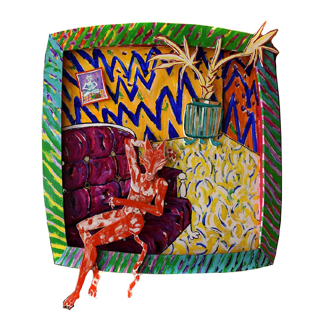 Gary Stephens "Buddha Kitty" mixed media collage: GARY STEPHENS (American 20th century) "Buddha Kitty" Mixed media collage construction. 53 5/8 x 46 x 2 3/4 inches. Signed lower right: Stephens. CONDITION: In overall good condition. The plant branch