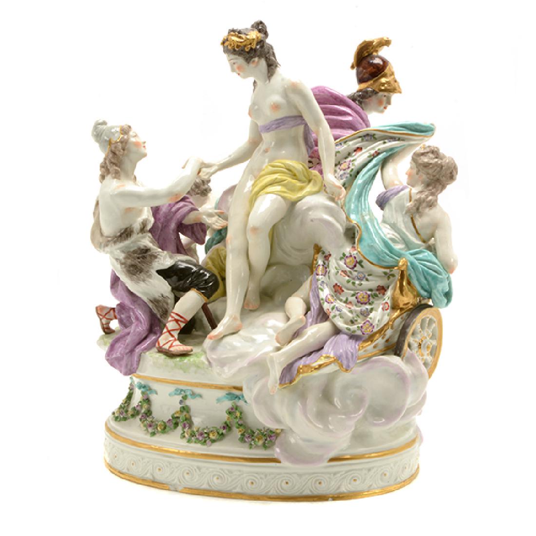 Wurttemberg Porcelain Mythological Group of Venus and: Wurttemberg Porcelain Mythological Group of Venus and Apollo. The celestial group modeled with the nude figure of Venus seated on the back of chariot driven by Apollo, with attendants, raised on a cir