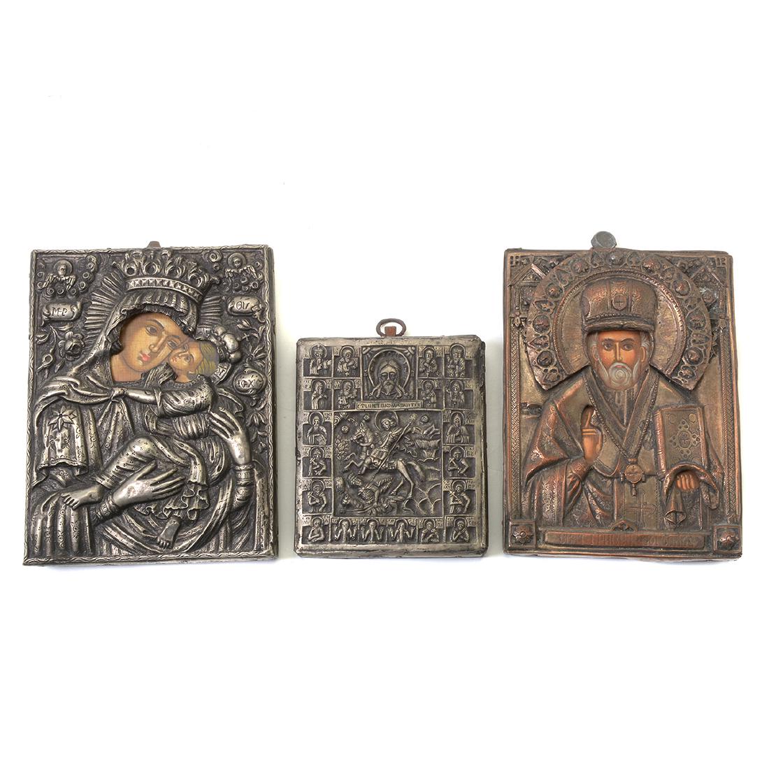 Three Orthodox Catholic Icons: Three Orthodox Catholic Icons. One with copper, two with 84 silver. Virgin and Child marked A, star, 84, flame symbol, HX. Equestrian scene marked HX, star, 84. {Approximate largest dimensions: 5 wide