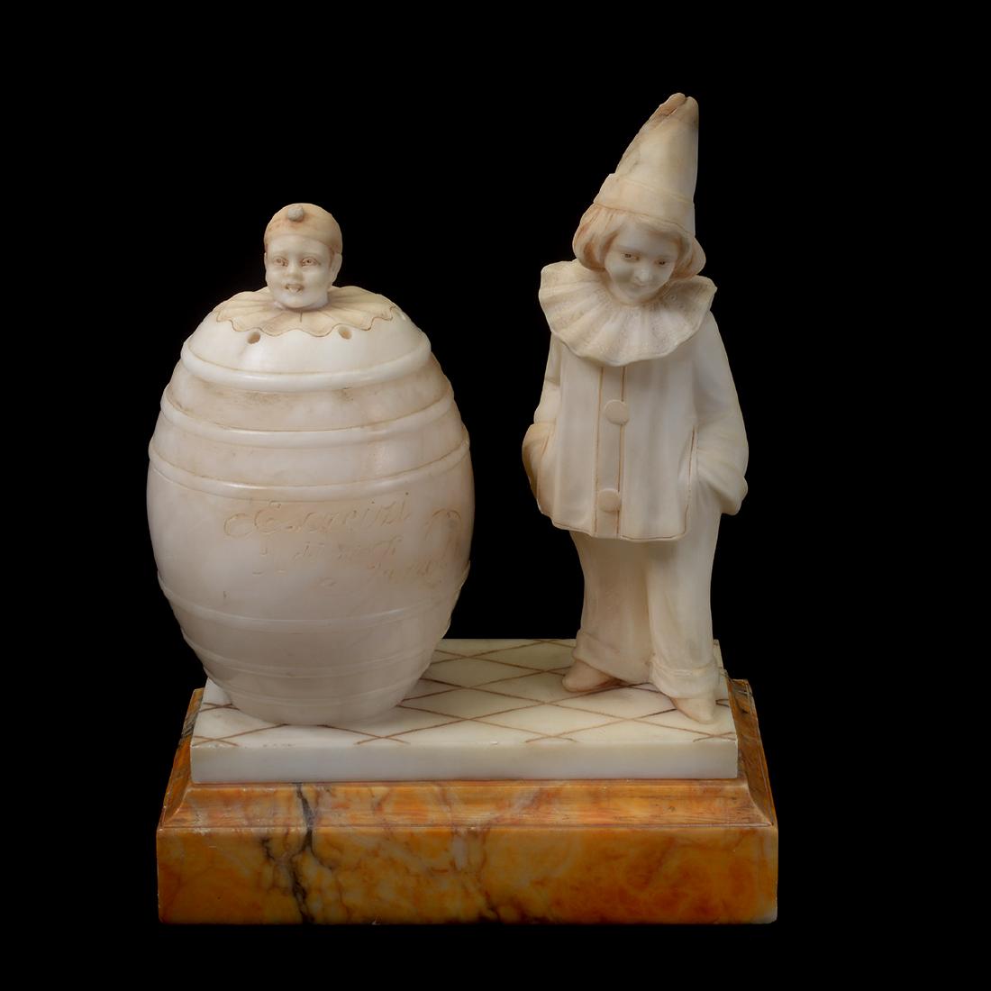 Italian Marble, Alabaster "Pierrot" Lamp: Italian Marble, Alabaster "Pierrot" Lamp. Godl Marbel Rectangular Base Topped by a White Marble Rectangular Base with a White Alabaster Barrel with a Clown Head Lid, with an Alabaster Pierrot Figure a