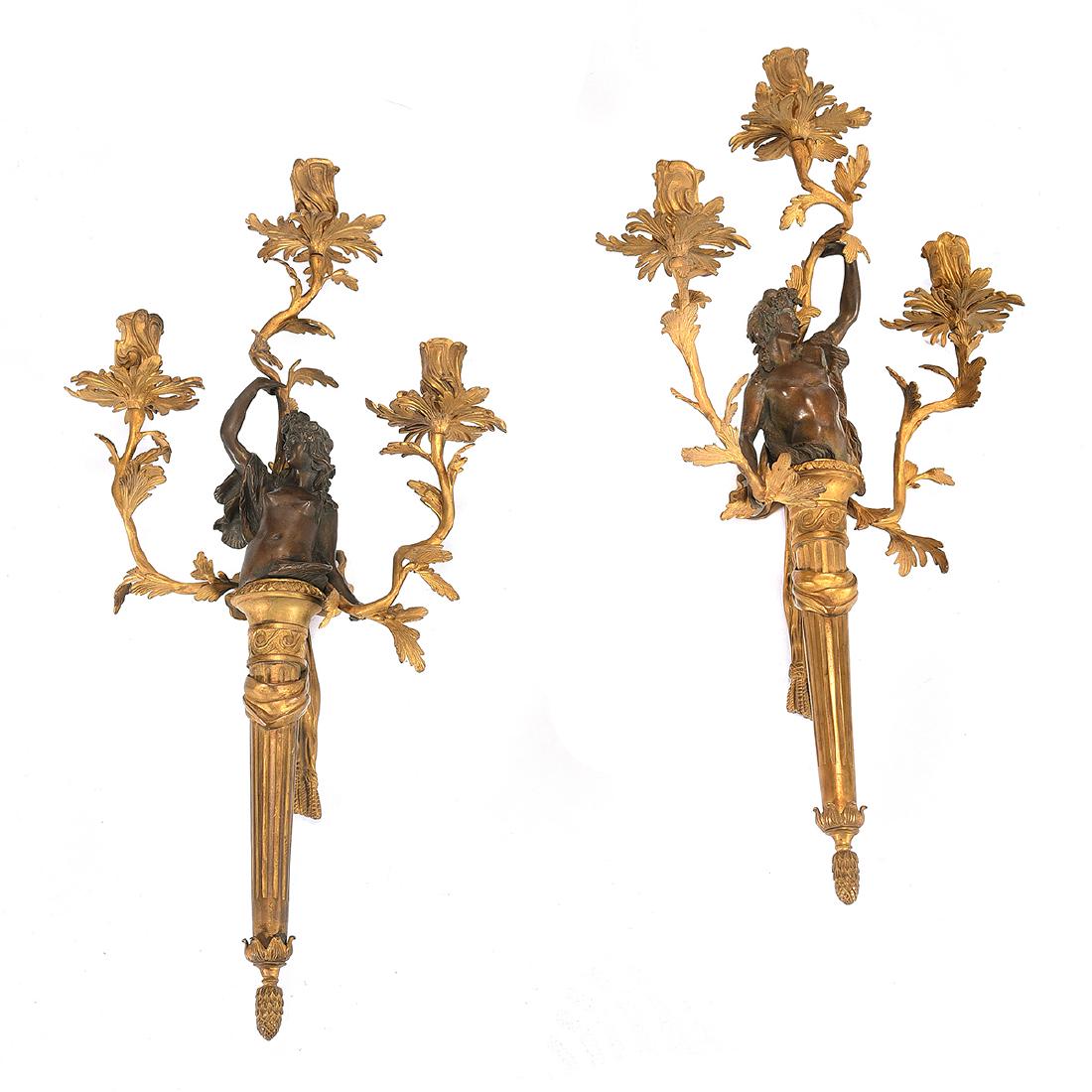 Pair of Louis XV Style Dore and Patinated Bronze: Pair of Louis XV Style Dore and Patinated Bronze Figural Three Light Sconces. {Approximate dimensions: 22 tall x 13 wide x 7 inches deep.}