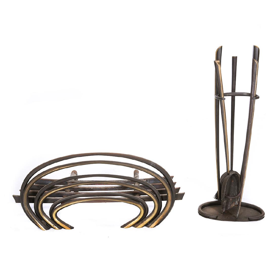 Michael Ficalora, Andiron and Set of Fire Tools: Michael Ficalora, Andiron and Set of Fire Tools,. Wrought Iron and Brass. Second Half 20th Century. (Dimensions: Andiron - 13 x 28 x 15 inches.}
