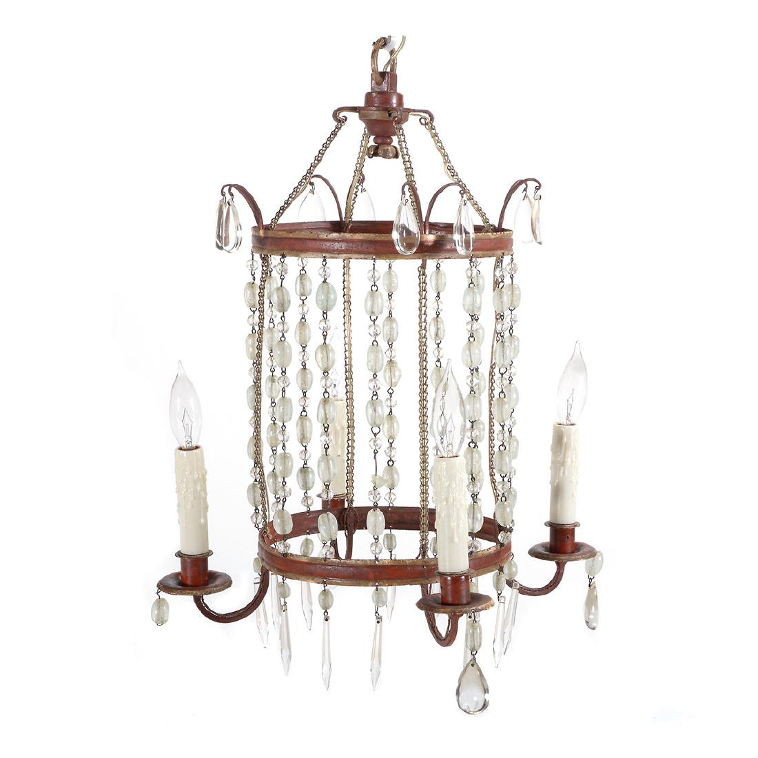 Charles X Style Red and Gilt Tole and Rock Crystal: Charles X Style Gilt Tole and Rock Crystal Chandelier. The gilt and brick red tole two tiered collared ring pendant form joined by link chains and lengths of rock crystal beads, the ring issuing four 