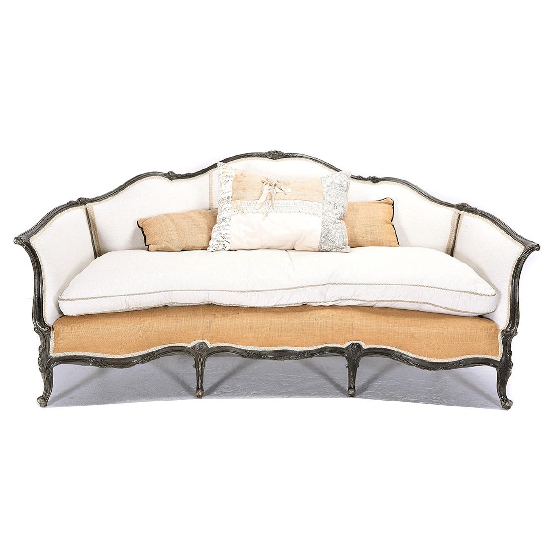 Louis XV Style Settee: Louis XV Style Settee. Ebonized wood frame with cream upholstery on back and seats, canvas upholstery to pieces rear and underneath cushions. {Approximate dimensions: 36 high x 80 wide x 37 inches dee