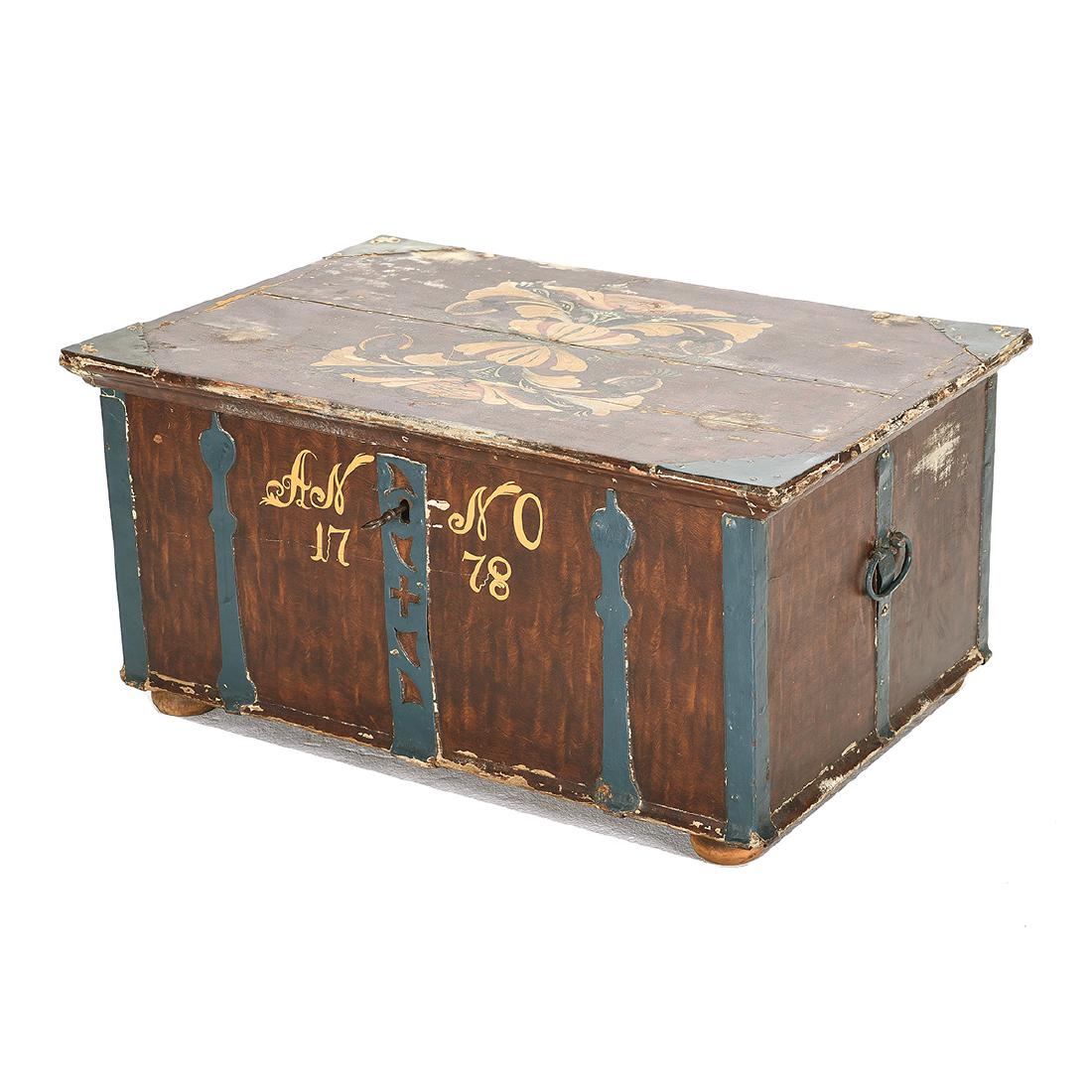 German or Swiss Paint Decorated Trunk, 18th Century,: German or Swiss Paint Decorated Trunk. Anno 1778 written on outside and interior lid with additional information including owners name. Late 18th century. {Approximate dimensions: 18 tall x 36 1/2 wid