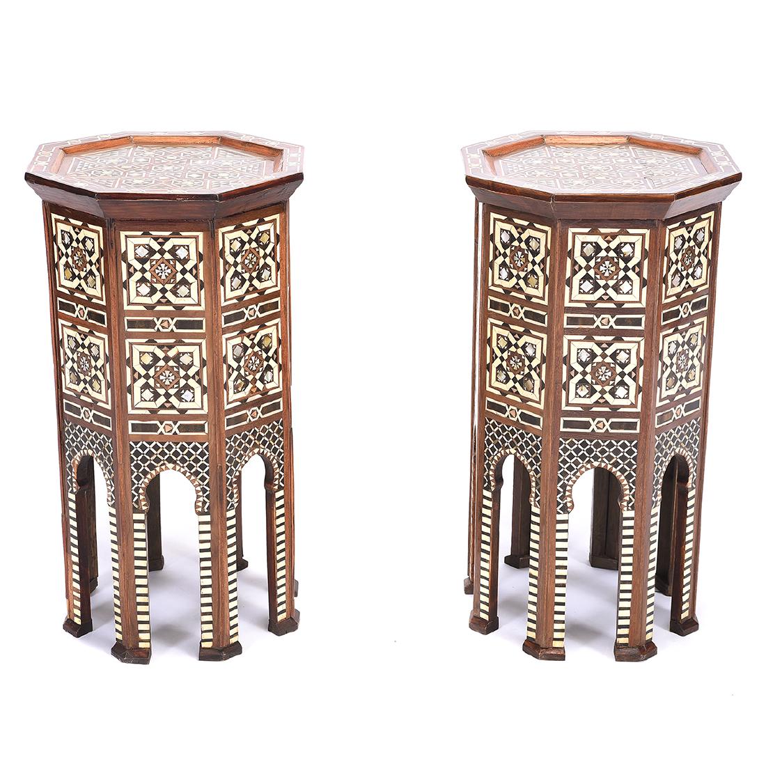 Pair of Moorish Style Inlaid Octagonal SIde Tables: Pair of Moorish Style Inlaid Octagonal SIde Tables. {Approximate dimensions: 27 1/2 tall x 16 inches diameter.}