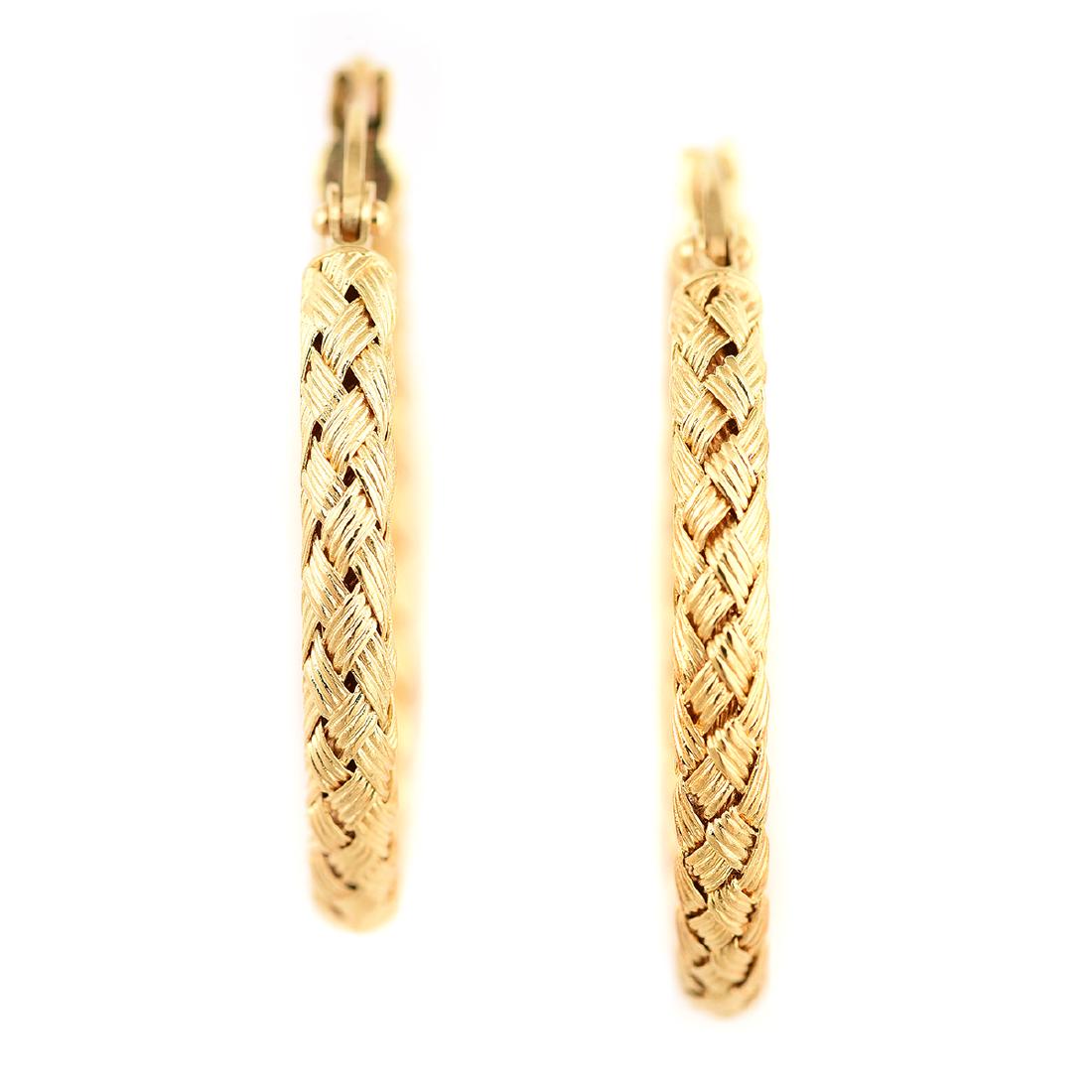 Pair of Roberto Coin 18k Yellow Gold "Woven" Hoop: Pair of Roberto Coin 18k Yellow Gold "Woven" Hoop Earrings. The 18k yellow gold woven hoop motif measuring approximately 3 mm in width and 26 mm in diameter. {Gross Weight: 3.3 dwts} Note: Not signed.