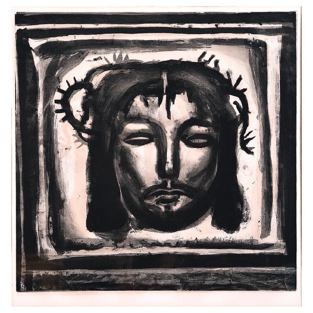 Georges Rouault "The Veil of Veronica" aquatint: GEORGES ROUAULT (French 1871-1958) "The Veil of Veronica" Aquatint. Image: 17 x 16 3/4 inches; Sheet: 24 x 19 3/4 inches; Frame: 28 3/4 x 27 inches. Unsigned. CONDITION: In overall good condition. Whe