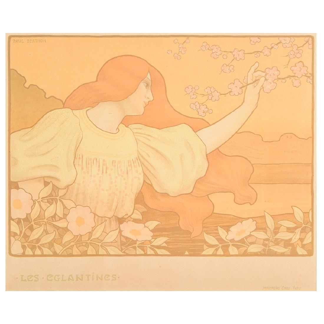 Paul Berthon "Les Eglantines" lithograph poster: PAUL BERTHON (French 1872-1909) "Les Eglantines" Lithograph. Sight:18 1/8 x 21 1/2 inches; Frame: 25 5/8 x 29 inches. Signed in the image upper left corner: Paul Berthon; titled printed lower left: Le