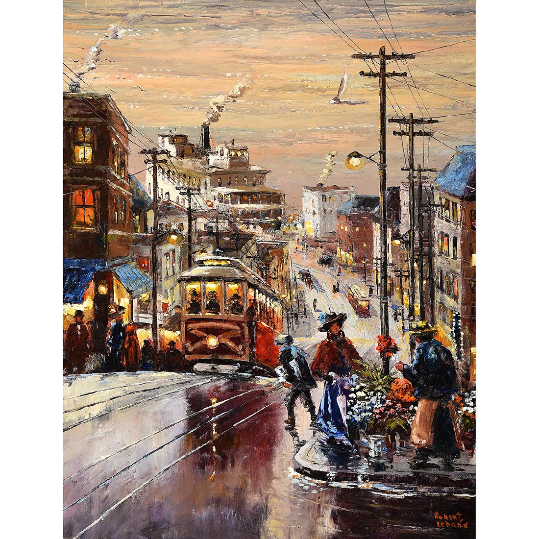 Robert Lebron "Hyde St. Trolley SF" oil on canvas: ROBERT LEBRON (American 1928-2013) "Hyde St. Trolley San Francisco" Oil on canvas. 24 x 18 inches; Frame: 32 1/2 x 26 1/2 inches. Signed lower right: Robert Lebron; titled verso upper stretcher bar: H