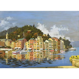 Lucio Sollazzi "Port Side Town" oil on canvas: LUCIO SOLLAZZI (Italian b. 1925) "Port Side Town" Oil on canvas. Including frame: 42 3/4 x 54 3/4 inches. Signed lower left: Lucio Sollazzi.