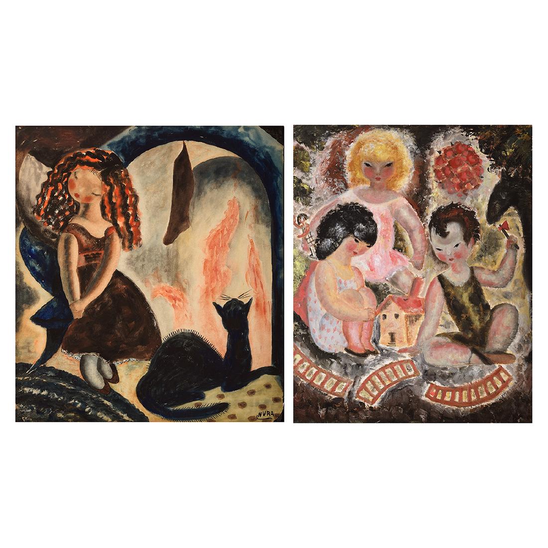 Nura Ulreich "Three Children" and "Waiting for Santa: NURA ULREICH (American 1899-1950) "Three Children" and "Waiting for Santa Claus" Oil on board. Oil on paperboard. 19 5/8 x 15 3/4 inches. 19 3/4 x 17 7/8 inches; Frame: 20 7/8 x 18 7/8 inches. Signed 
