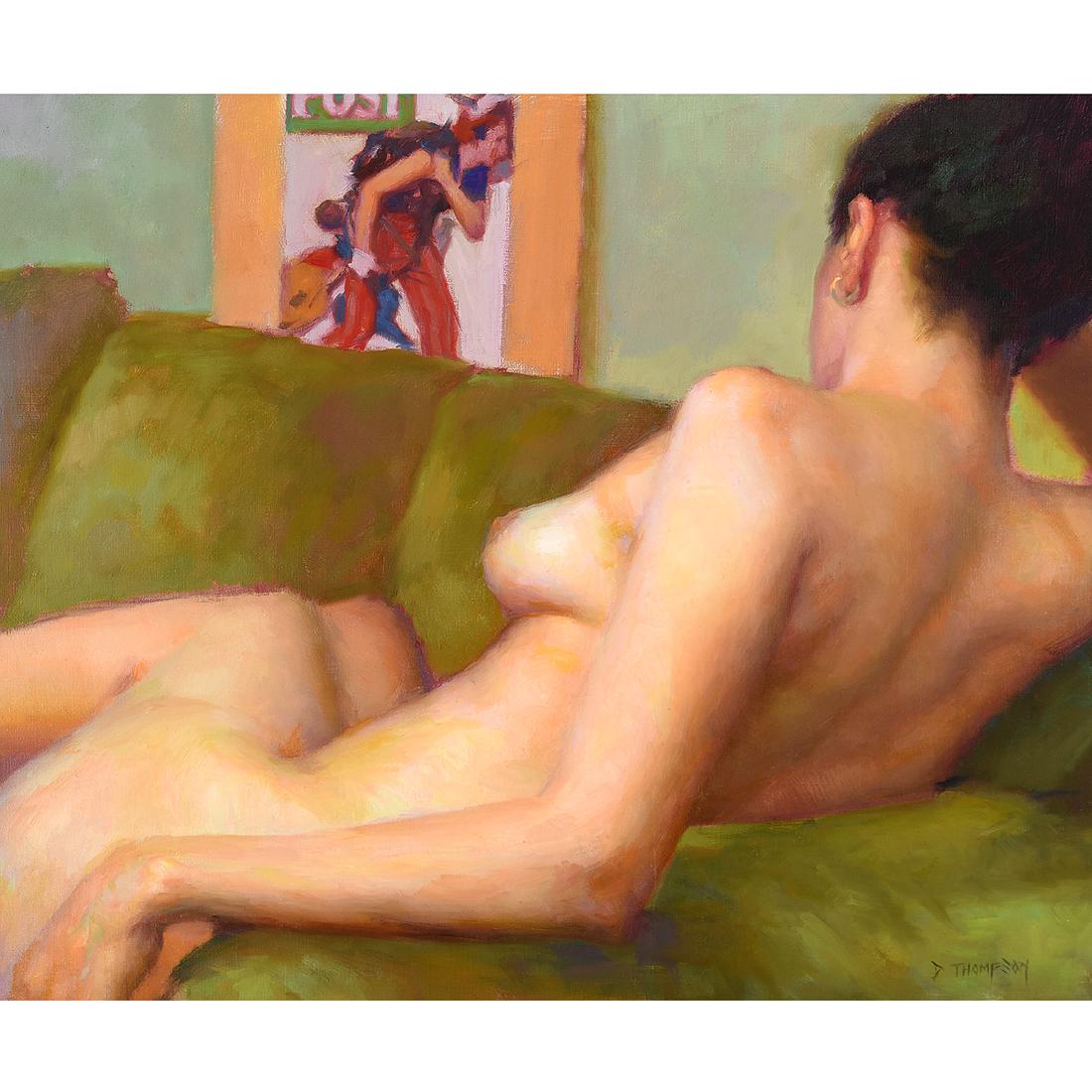 Dan Thompson "Reclining Nude" oil on canvas: DAN THOMPSON (American b. 1973) "Reclining Nude" Oil on canvas. 20 x 24 inches; Frame: 25 x 28 1/2 inches. Signed lower right: D. Thompson.