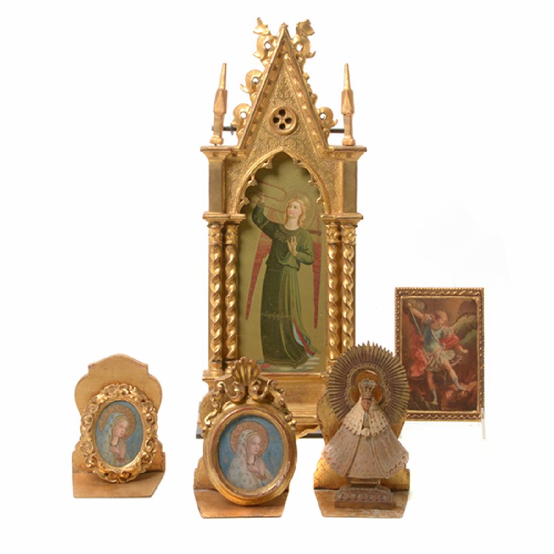 Group of Italian Renaissance Revival Printed Icons and: Grouping of Italian Renaissance Revival Printed Icons and Religious Figures. Comprising of celestial musician in giltwood gothic style frame {height 20 inches}, triptych with central scene of Crucifix
