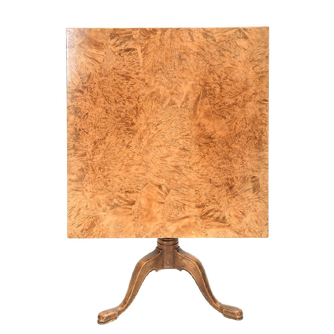 George III Burl Veneer Rectangular Tea Table: George III Burl Veneer Rectangular Tea Table. Square top set on tripod base set on snake feet. Fourth quarter 18th century. {Approximate dimensions: 29 1/2 tall x 34 x 34 3/4 inches.} Condition: Small