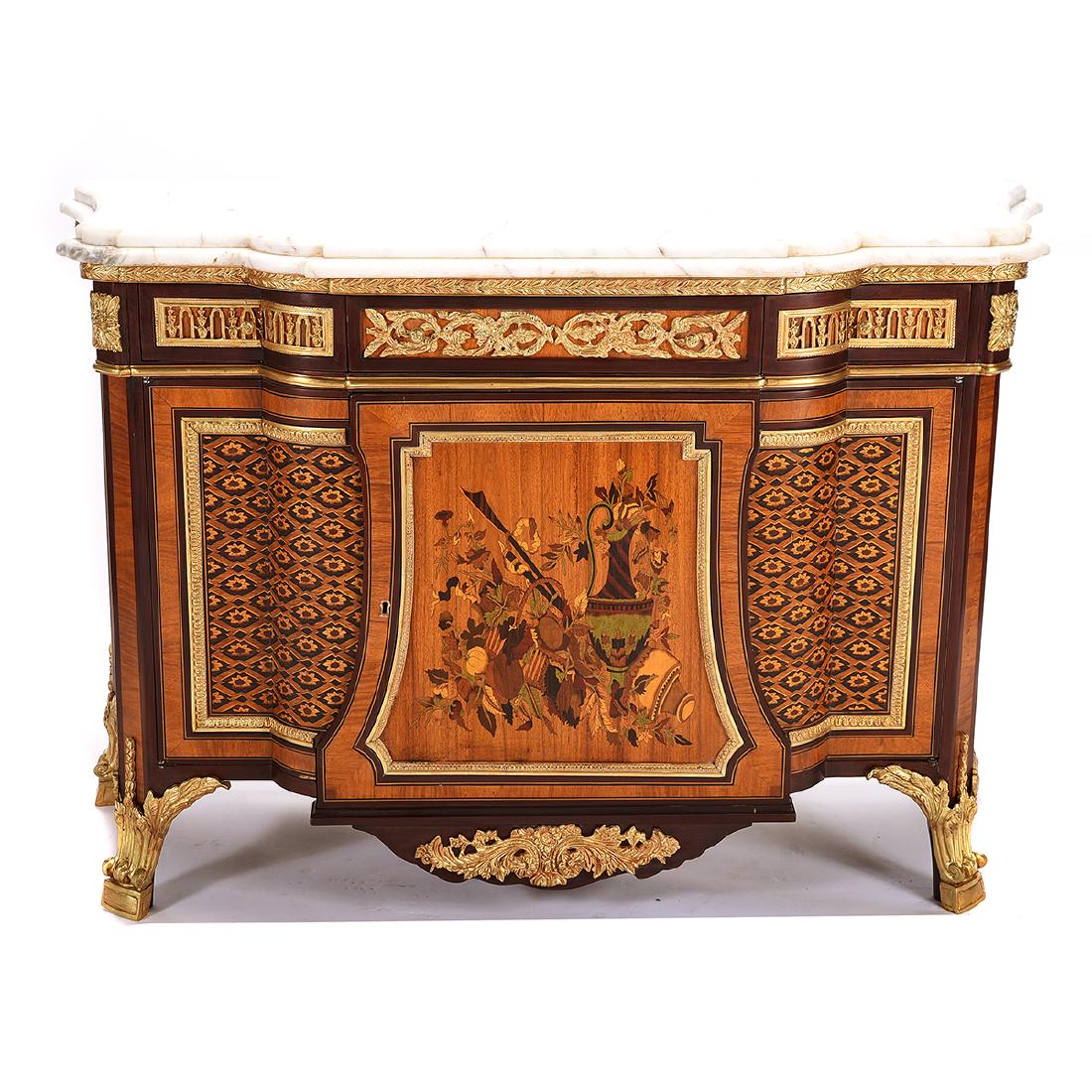 Regence Style Inlaid Commode with Marble Top: Regence Style Inlaid Commode with Marble Top. Gilt bronze mounts. {Approximate dimensions: 35 1/2 tall x 55 wide x 22 1/2 inches deep.} Condition: Minor bubbling to veneer. Key available.