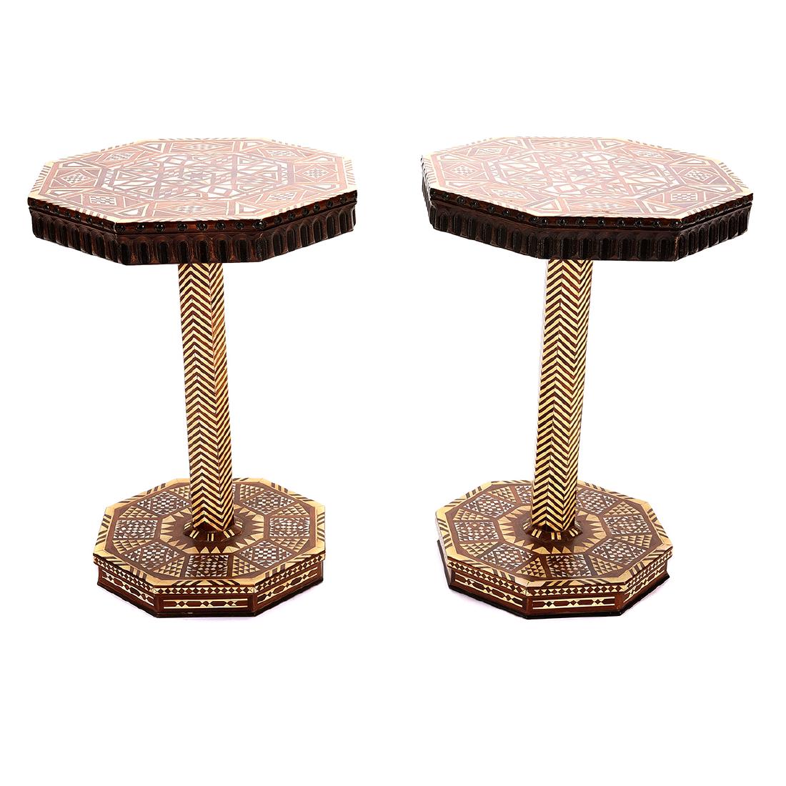 Pair of Moorish Style Octagonal Inlaid Side Tables: Pair of Moorish Style Octagonal Inlaid Side Tables. Set on pedestal bases. {Approximate dimensions: 28 tall x 21 1/2 inches diameter.} Condition: Minor wear to corners.