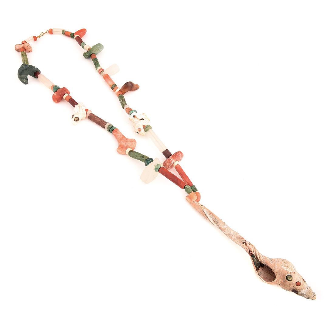 Shell Pendant, Carnelian, Rock Crystal Quartz,: Shell Pendant, Carnelian, Rock Crystal Quartz, Turquoise, Jade, Glass Necklace, most likely Pre-Columbian. Measuring approximately 25 inches in length, the shell pendant extending an additional 6 1/2 