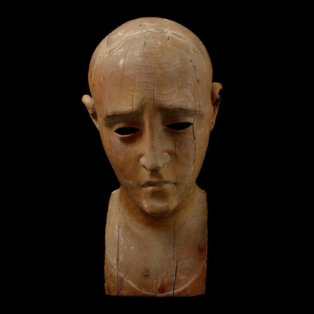 Antique Spanish Colonial Wood Santos Head: Antique Spanish Colonial Wood Santos Head. Carved features, missing eyes. 18th century. {Approximate dimensions: 12 3/4 tall x 6 wide x 7 inches deep.} Property from a San Francisco Collection.