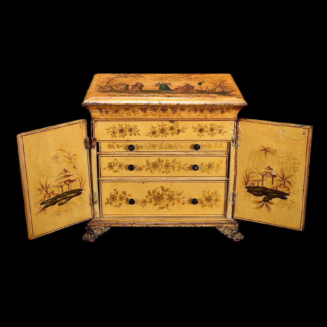 English Regency Chinoiserie Yellow-Ground Vanity: English Regency Chinoiserie Yellow-Ground Vanity Cabinet. Small glass bottles included. Early 19th century. Ex collection: Ms. Bernadine Murphy, 2076 West Adams Blvd., Los Angeles; interior designer: