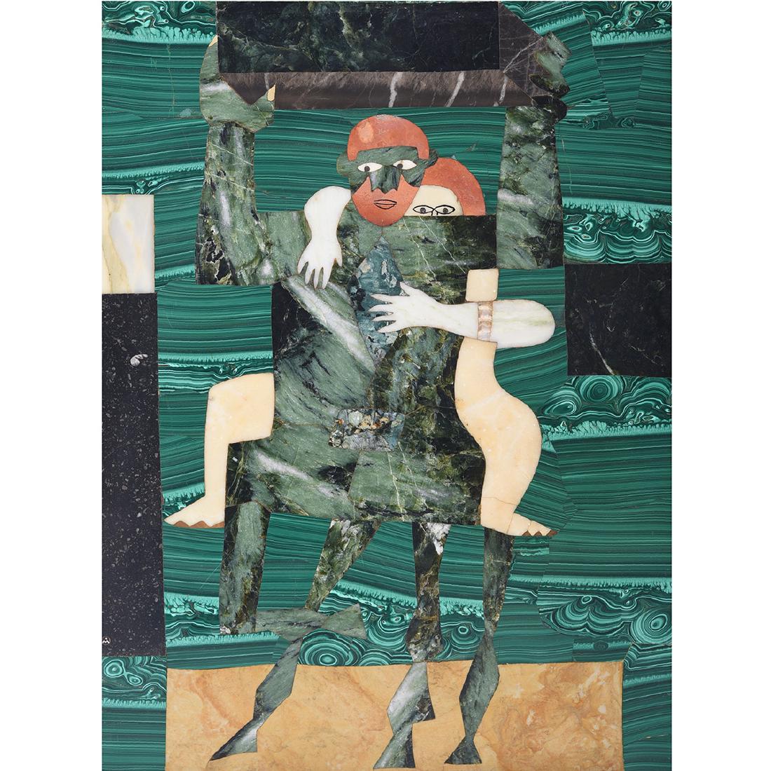 Italian Pietra Dura Inlaid Pictorial Panel, 'Persephone: Italian Pietra Dura Inlaid Pictorial Panel, 'Persephone Being Abducted by Hades.' The malachite ground inlaid with various colored marbles. Original frame with liner. 1940s. {Approximate dimensions: I