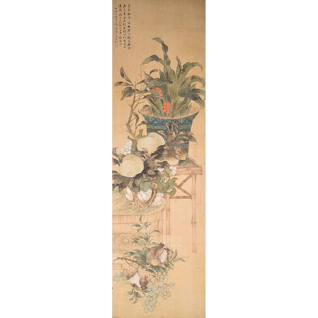 Attributed to Shen Quan (1682-1760): Flowers: Attributed to Shen Quan (1682-1760): Flowers. Ink and color on silk, dated, inscribed, signed with one seal, framed and glazed. {43 x 15 1/4 inches (110 x 39 cm)}. [Staining, not examined out of the f