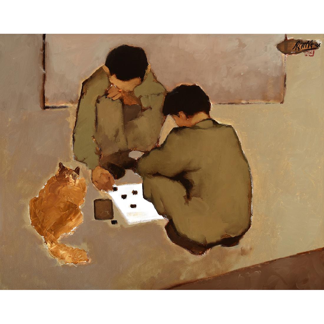 Nguyen Thanh Binh "Chess Players" oil on canvas: NGUYEN THANH BINH (Vietnamese b. 1954) "Chess Players" Oil on canvas. 29 3/8 x 37 3/8 inches; Frame: 32 1/4 x 39 7/8 inches. Signed in English and with chop mark upper right corner. (Please contact Fi