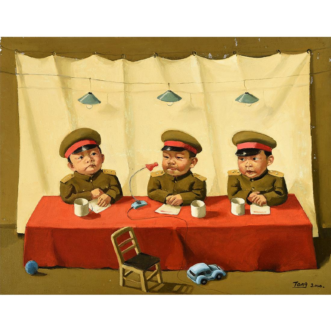 Zhigang Tang "Children Generals" oil on canvas: ZHIGANG TANG (Chinese b. 1959) "Children Generals" Oil on canvas. 28 5/8 x 32 inches. Signed and dated lower right: Tang 2000. Provenance: Purchased directly from the artist in Yunnan, China in 1999, 