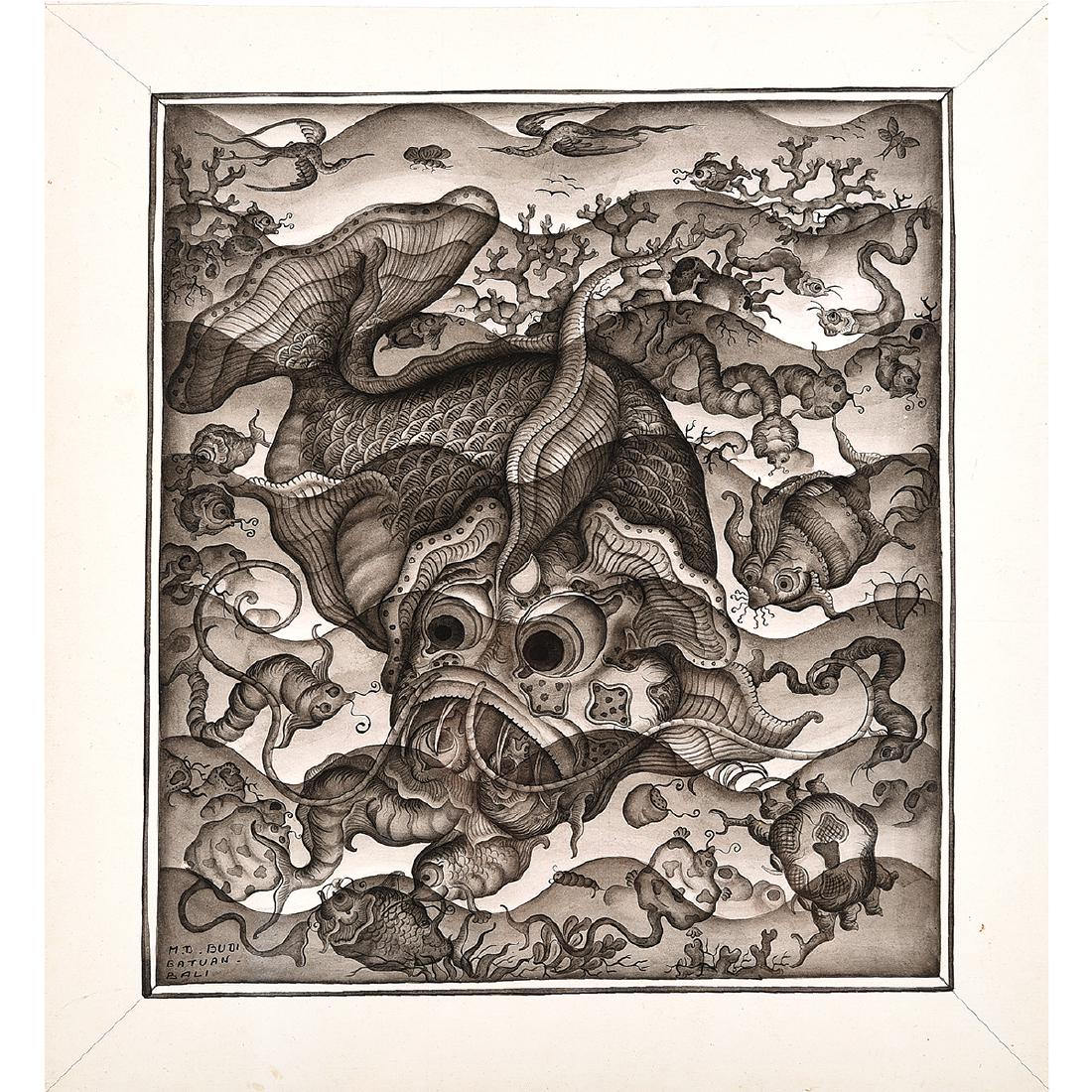 I Made Budi ink wash on paper,"Untitled Fish scene": I MADE BUDI (Indonesian b. 1932) "Untitled under water scene" Ink wash on paper. Sheet: 14 1/4 x 12 7/8 inches. Signed lower left: M.D. Budi / Batuan Bali. (Please contact Fine Art Dept. for full cond