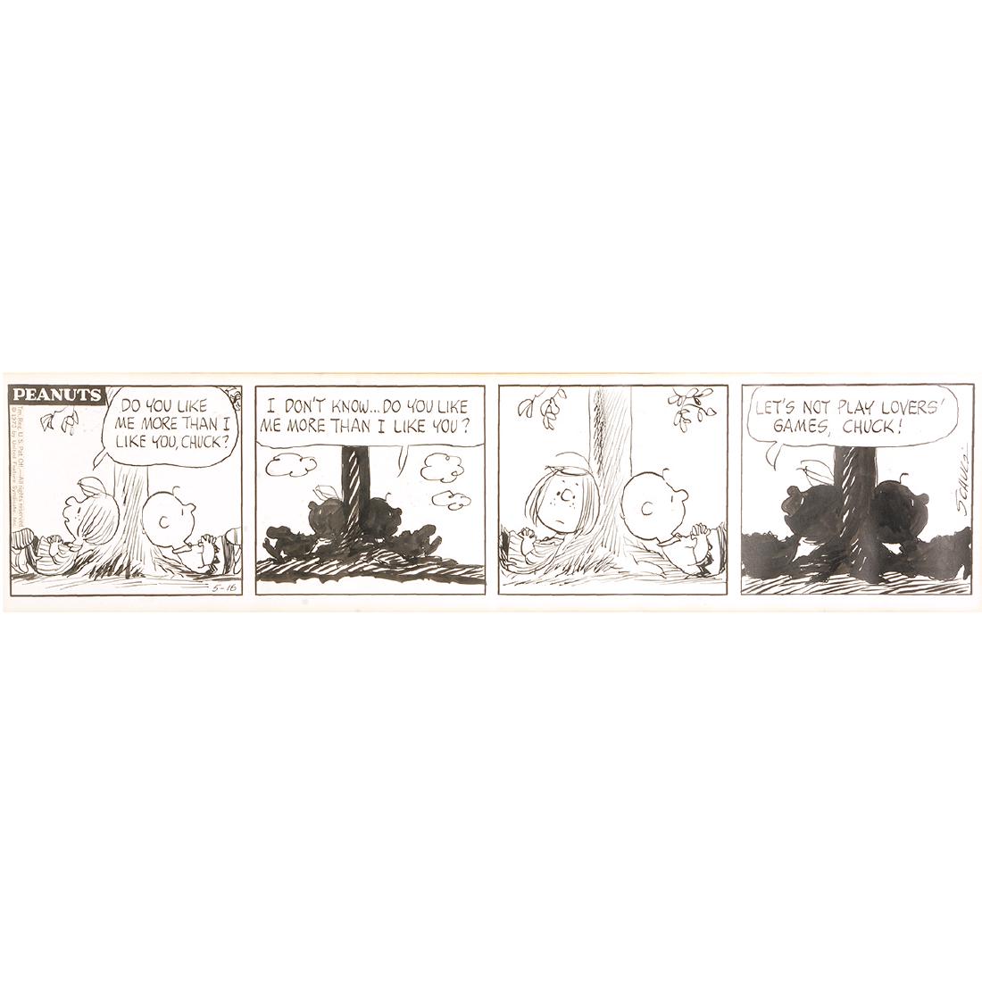Charles Schulz "Let's not Play lowers' games, Chuck": CHARLES SCHULZ (American 1922-2000) "Let's Not Play Lovers' Games, Chuck" (daily single strip) Pen and ink 4 panel comic strip. Sheet: 6 3/4 x 29 3/4 inches; Frame: 10 x 30 3/4 inches. Signed in the l