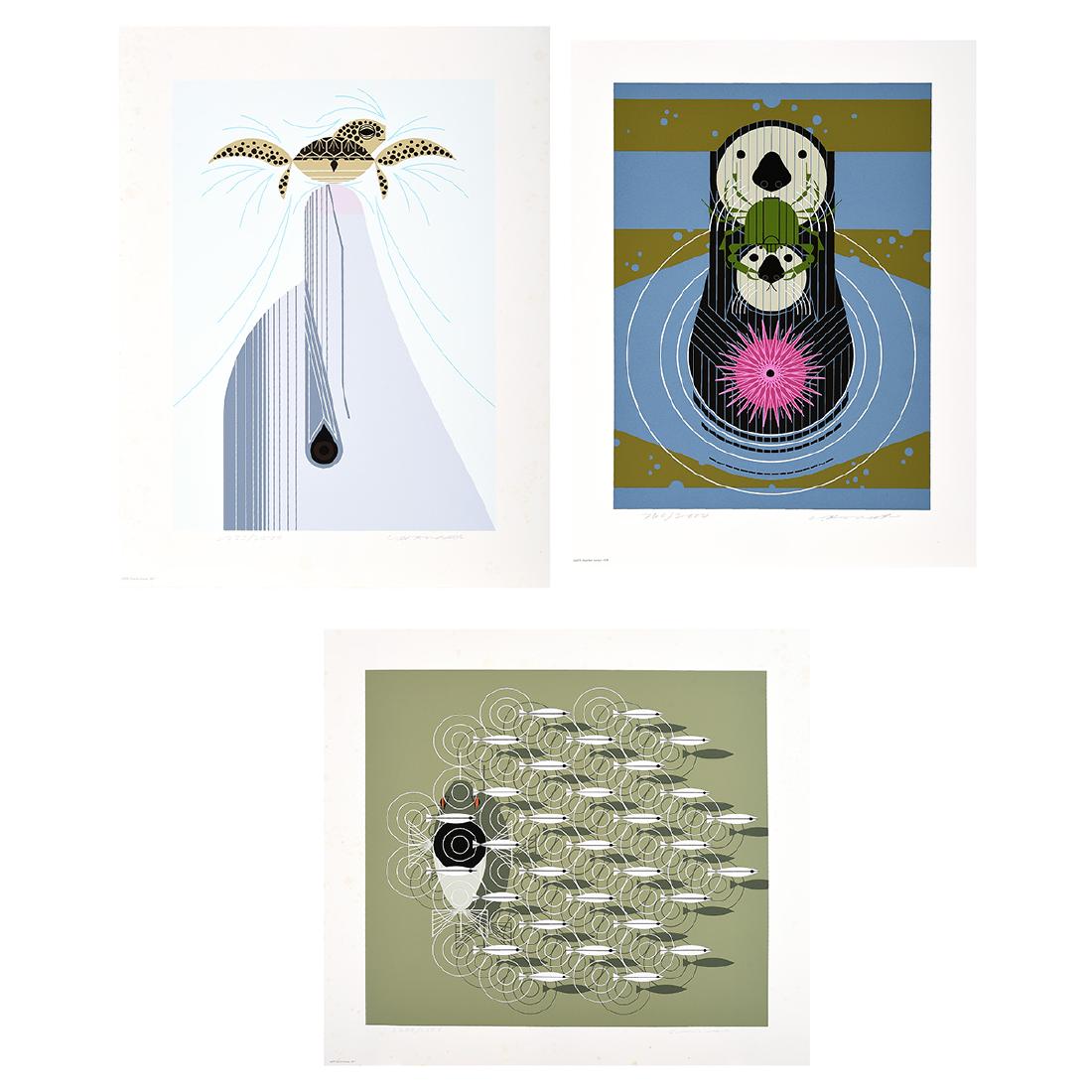Charley Harper "Devotion in the Ocean", "Dolfun" and: CHARLEY HARPER (American 1922-2007) "Devotion in the Ocean", "Dolfun", "Skipping School" Serigraph. Sheet: 17 7/8 x 13 1/4 inches. Sheet: 20 x 15 inches. Sheet: 20 3/4 x 22 3/8 inches. Pencil signed l