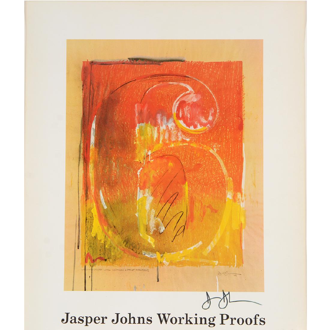 Jasper Johns "1981 Tate Gallery London" signed: JASPER JOHNS (American b. 1930) "Jasper Johns Working Proofs" Offset lithograph exhibition poster. Sheet: 20 x 24 inches. Signed in black pen lower right: Jasper Johns. Poster was made in 1981 for an