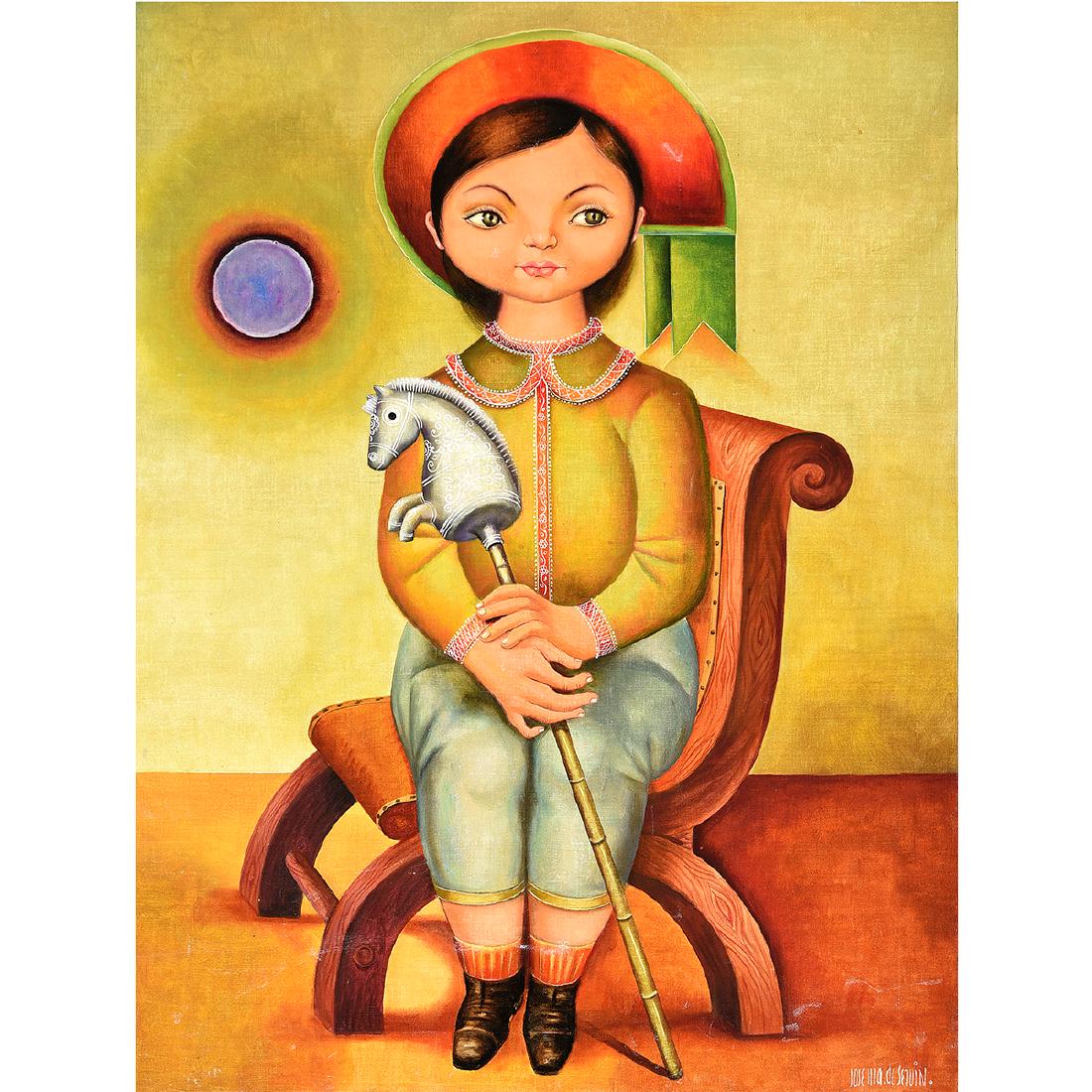 Jose Servin "Untitled Girl with Horse" oil on canvas: JOSE SERVIN (Mexican / American 1917-1983) "Untitled Girl with Horse" Oil on canvas. Including thin frame: 32 3/5 x 24 1/4 inches. Signed lower right: Jose ma de Servin CONDITION: In overall good cond
