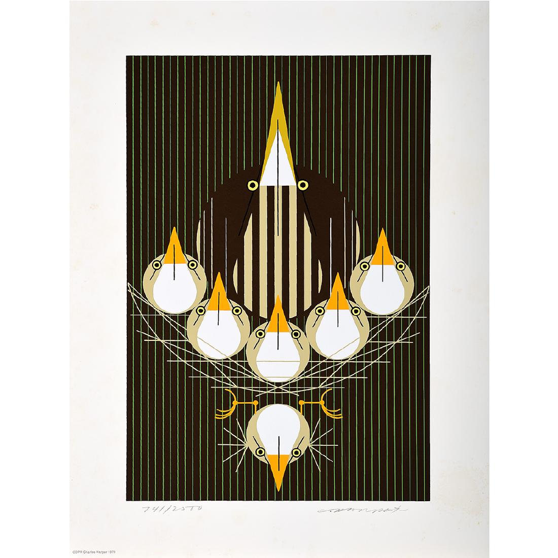 Charley Harper "Bittern Suite" serigraph: CHARLEY HARPER (American 1922-2007) "Bittern Suite" Serigraph. Sheet: 19 3/8 x 14 1/4 inches. Pencil signed lower right: Chas Harper and numbered lower left: 741/2500. Within the Frame House Gallery l