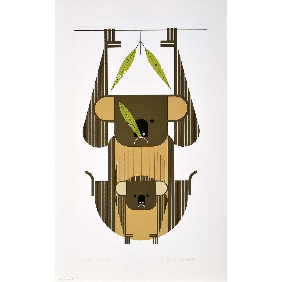 Charley Harper "Down Under, Down Under" serigraph: CHARLEY HARPER (American 1922-2007) "Down Under, Down Under" Serigraph. Sheet: 22 1/2 x 13 inches. Signed lower right: Chas Harper; numbered lower left: 760/2500. Within the Frame House Gallery limite