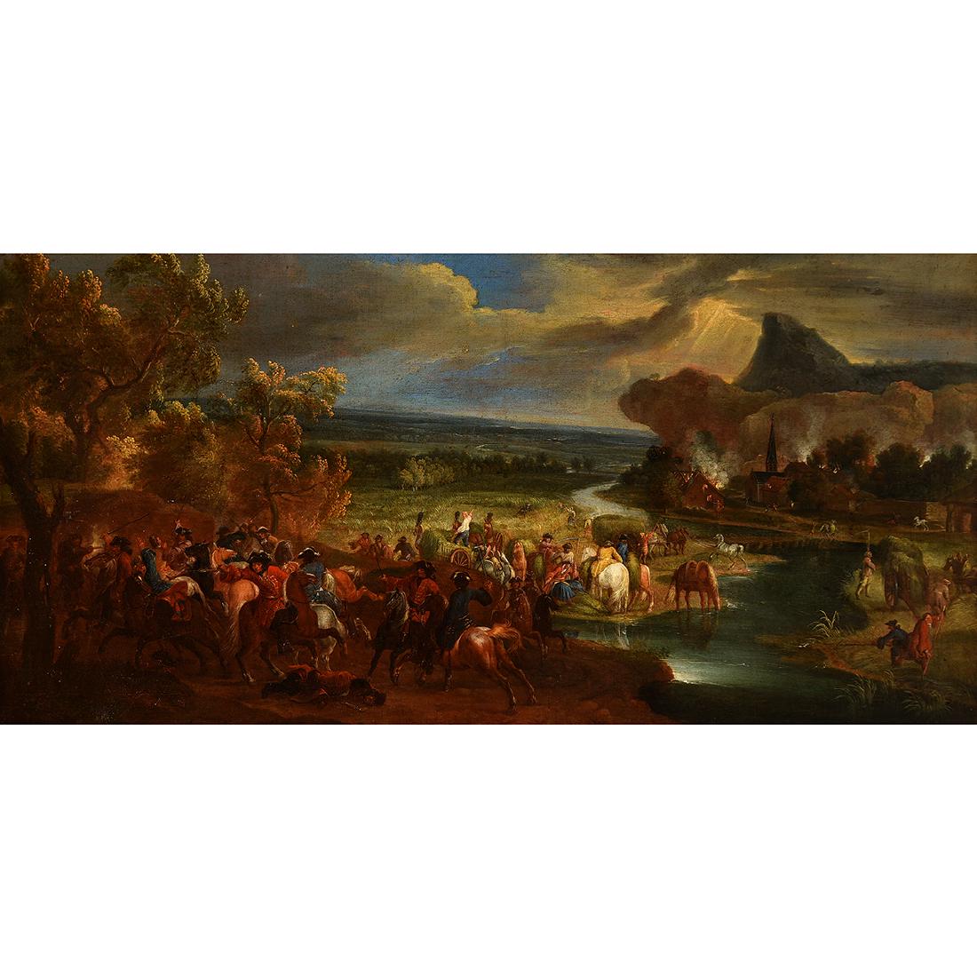 Circle of Adam Frans van der Meulen "Cavalry battle: Circle of ADAM FRANS VAN DER MEULEN (Flemish 1632-1690) "Cavalry Battle before a Town" Oil on canvas. 26 x 53 inches; Frame: 30 1/4 x 57 3/8 inches. No visible signature. CONDITION: In overall good co