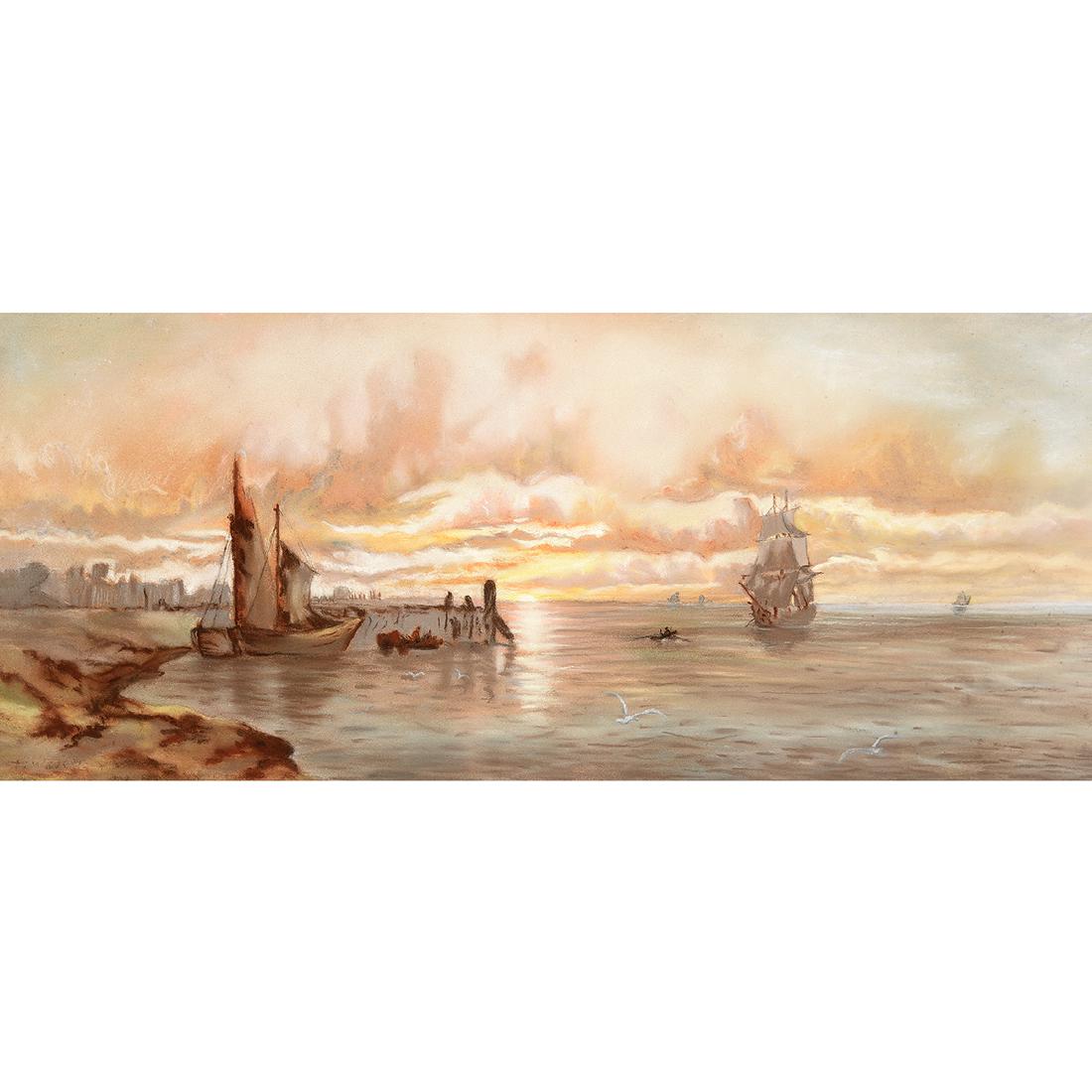 Thaddeus Welch "Ships in the Bay" pastel: THADDEUS WELCH (American 1844-1919) "Ships in the Bay" Pastel on paper. Sight: 9 1/2 x 22 1/2 inches; Frame: 20 1/2 x 32 3/4 inches. Faintly signed lower left: T. Welch. Hourian Fine Art Galleries lab