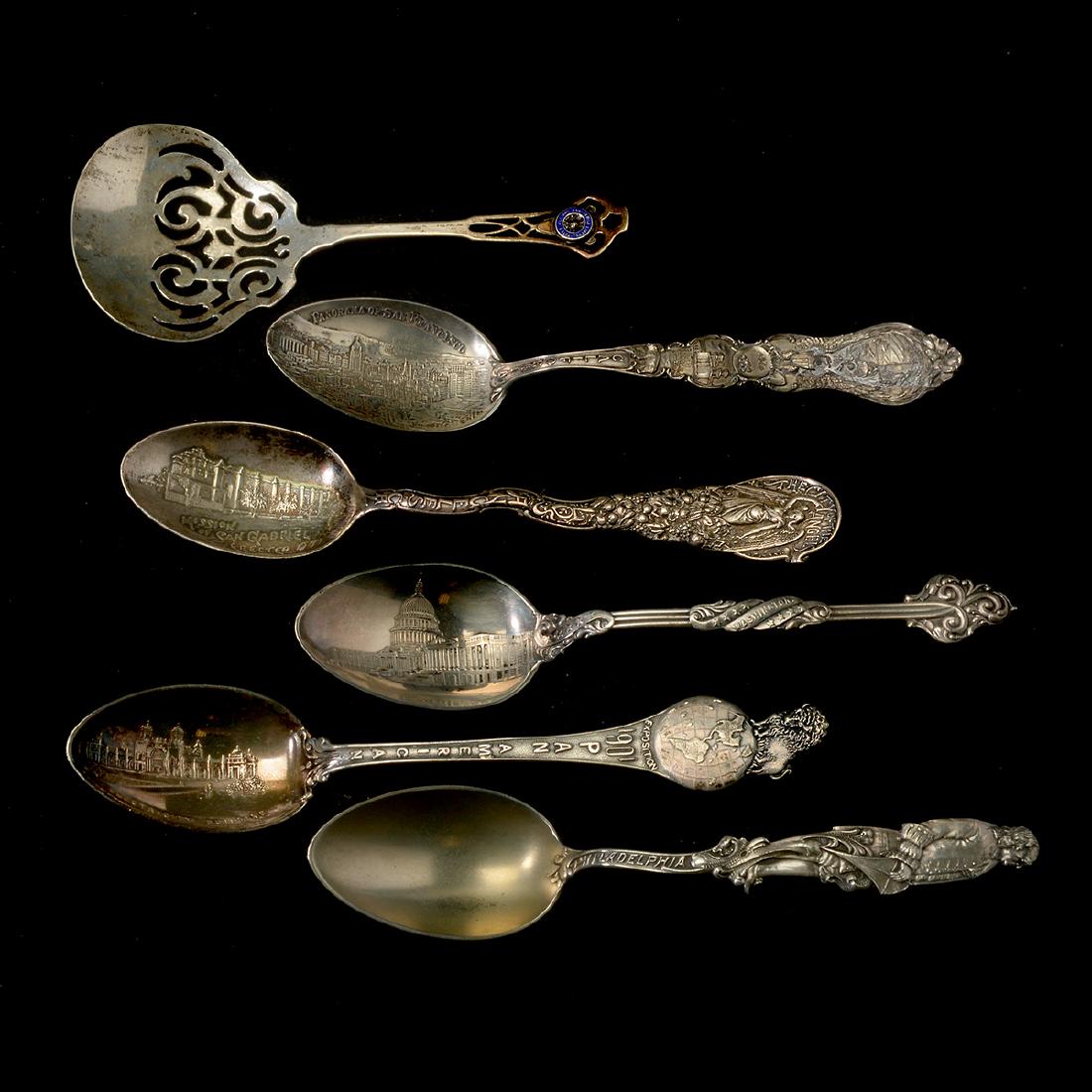 American Souvenir Spoons Collection, Mostly Sterling: American Souvenir Spoons Collection, Mostly Sterling Silver. American souvenir spoons collection comprising: Panorama of San Francisco, Atlantic City, Caughnawaga, Philadelphia with Benjamin Franklin,
