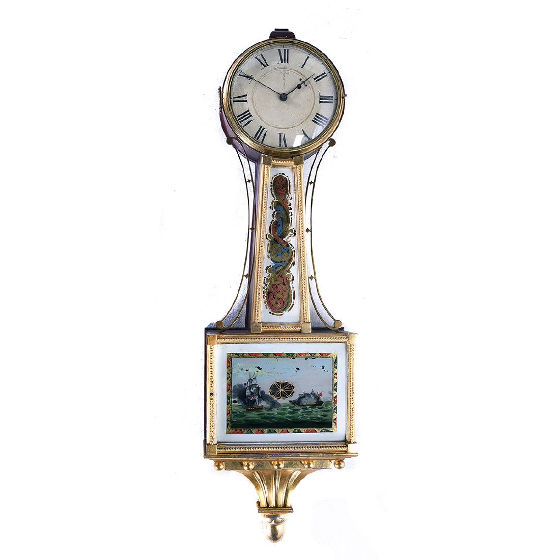 American Federal Eglomise Panel and Giltwood Banjo: American Federal Eglomise Panel and Giltwood Banjo Clock. Brass and gilt wood, with underglass painting of warring ships. Signed and dated Inside. 1842. {Approximate dimensions: 38 x 10 x 4 inches.}