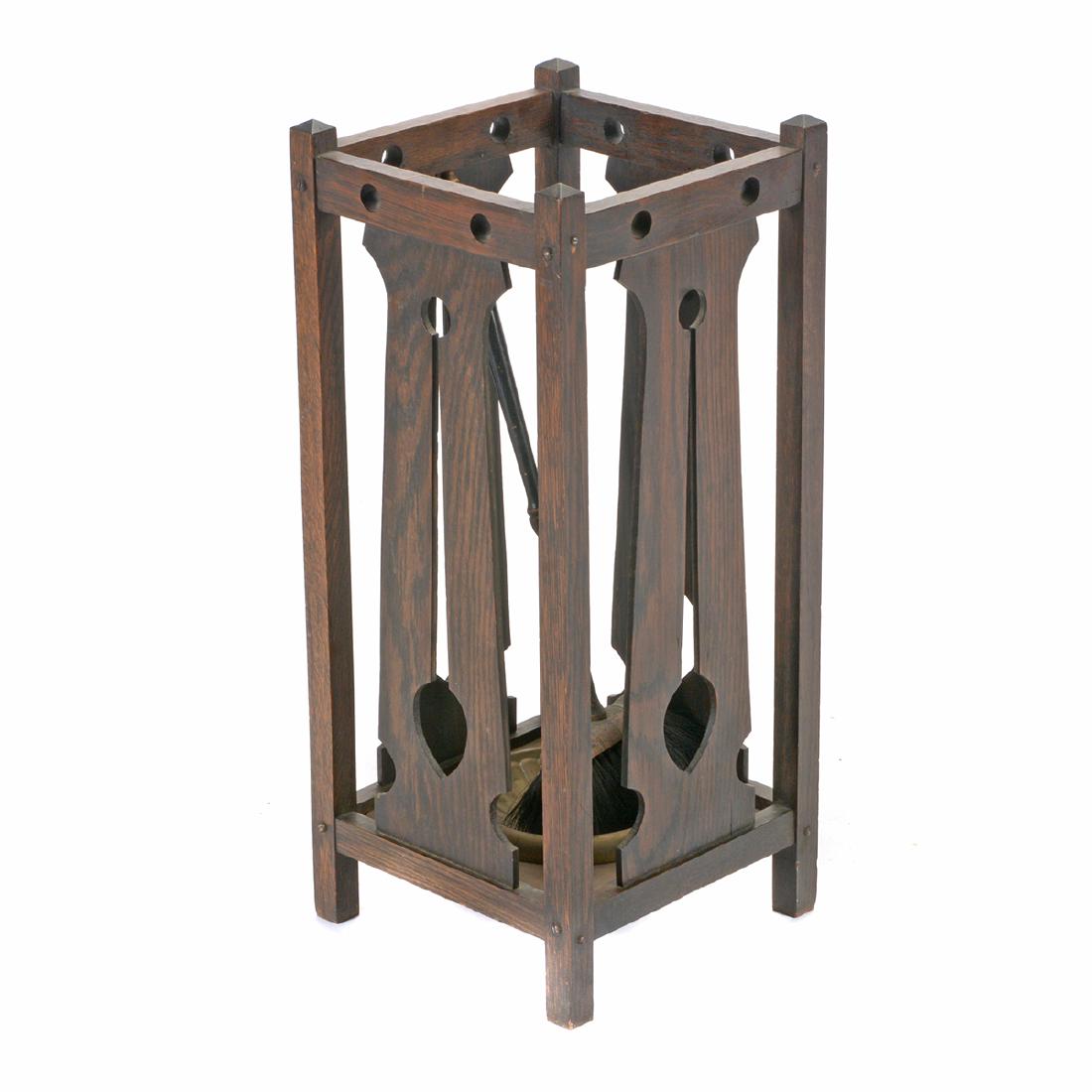 American Arts & Crafts Stained Oak Umbrella Stand: American Arts & Crafts Stained Oak Umbrella Stand. Brass bowl on its bottom. With a fireplace broom. {Approximate dimensions: 27 high x 11 1/2 inches wide.} Condition: General wear appropriate for its