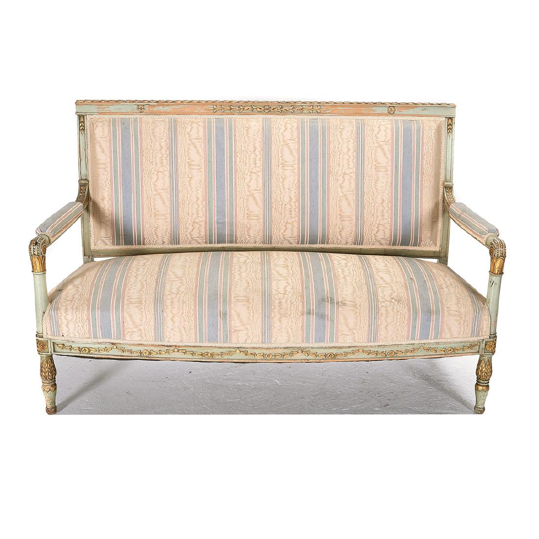 Swedish Neo-Classical Style Upholstered Sofa: Swedish Neo-Classical Style Upholstered Sofa. Light blue painted frame with parcel gilt. Striped upholstery in beige, blue, green, and pink. {Approximate dimensions: 37 1/2 high x 58 1/2 wide x 24 inc